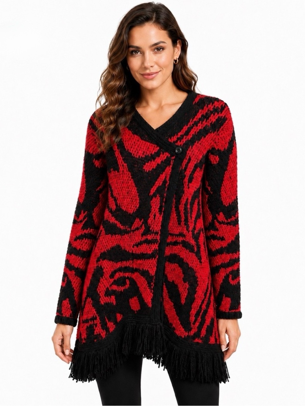 Chico's Abstract Animal Print Fringe Cardigan Jacket Red Black Wrap Sweater 0/S